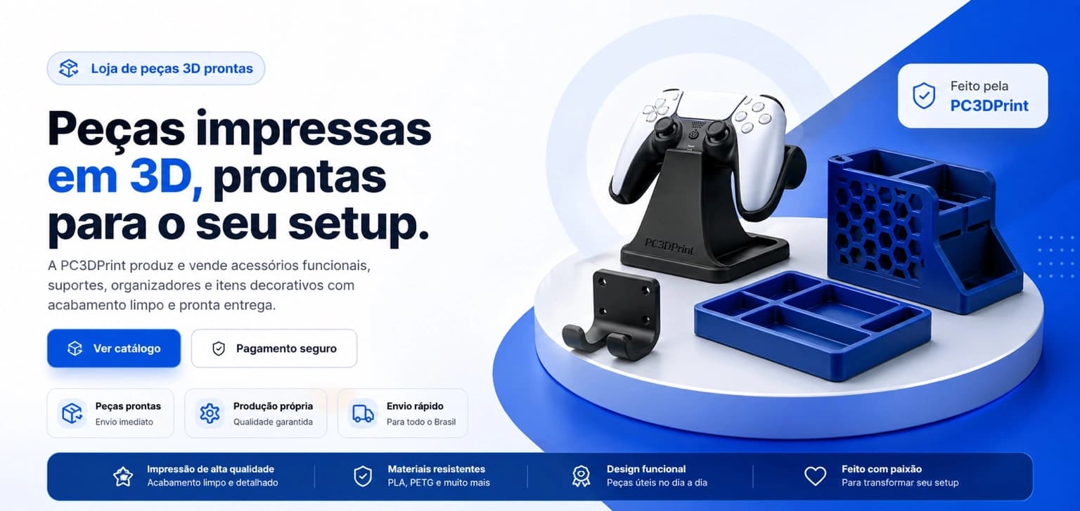 Pecas impressas em 3D prontas para o seu setup, com suporte de controle, organizadores e acessorios da PC3DPrint